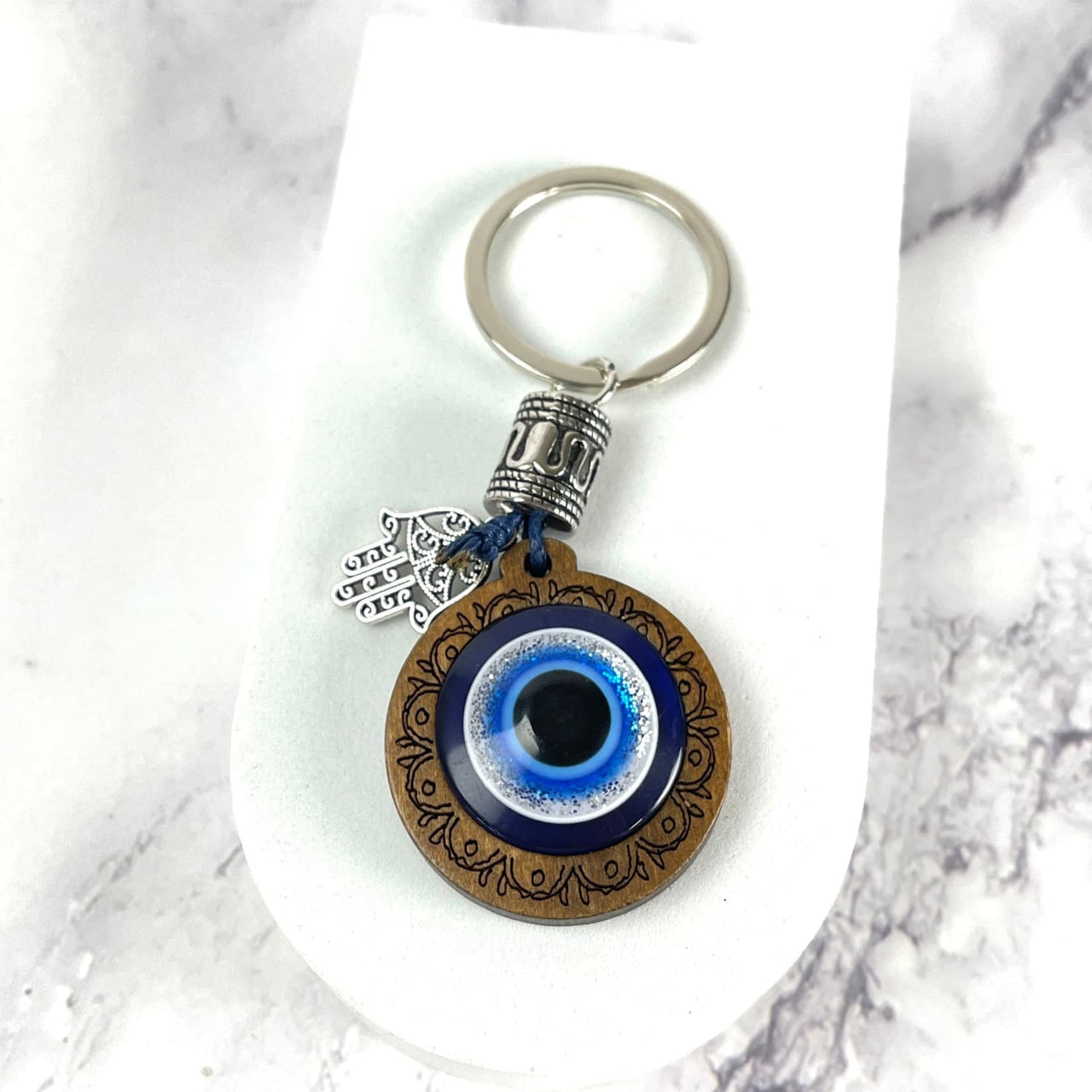 Evil Eye Keychain with Blue Eye and Silver Ring - Protective Amulet #Q198