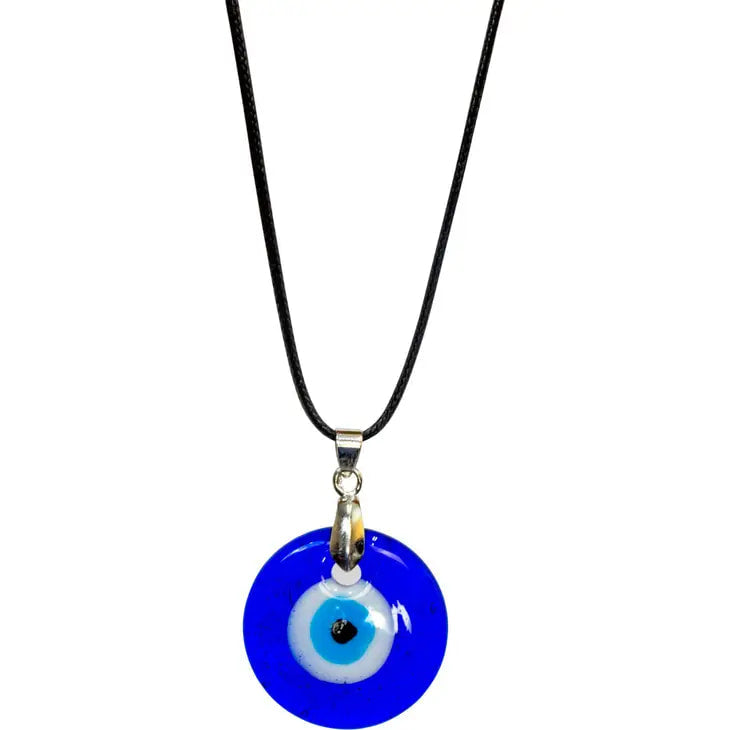 Evil Eye Protection Necklace: Blue Glass Pendant with Black Cord - #J052