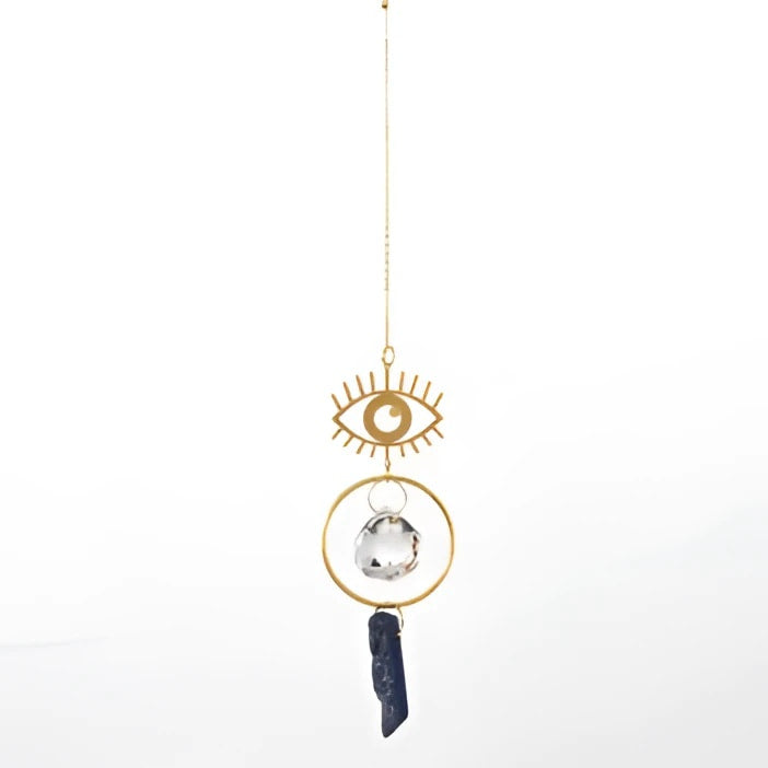 Evil Eye Suncatcher with Gold Charm, Blue Stone Tassel, Crystal Bead on Chain