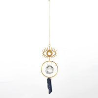 Evil Eye Suncatcher with Gold Charm, Blue Stone Tassel, Crystal Bead on Chain