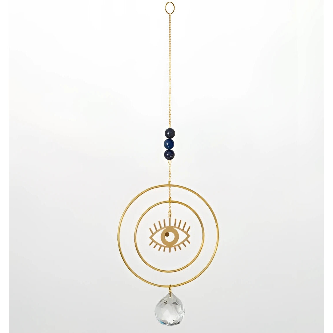 Gold Evil Eye Suncatcher Ornament with Blue Beads and Crystal Drop