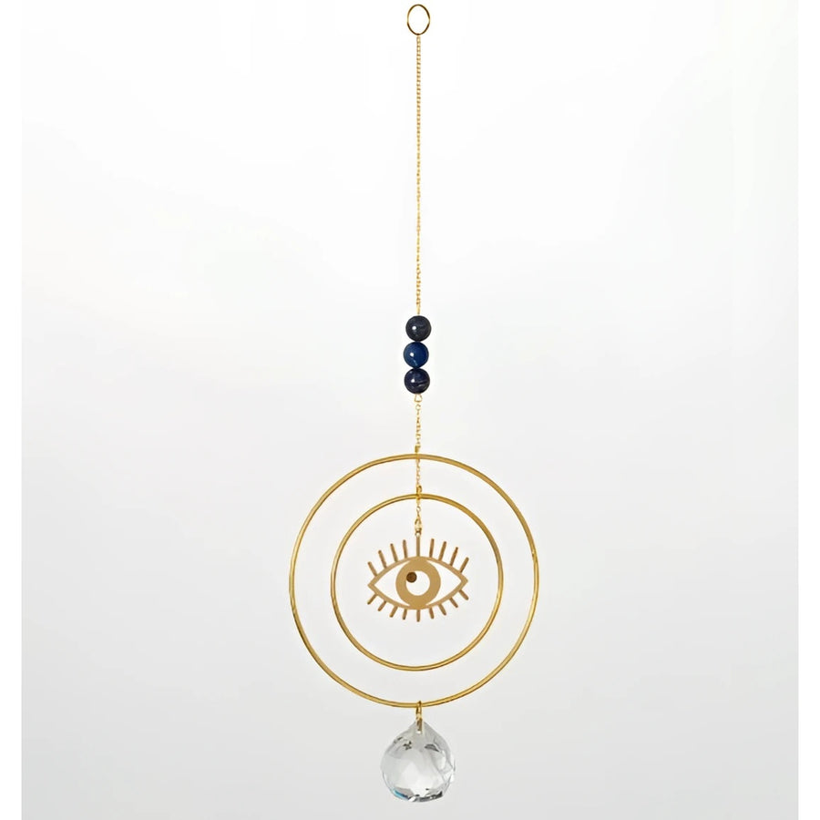 Gold Evil Eye Suncatcher Ornament with Blue Beads and Crystal Drop