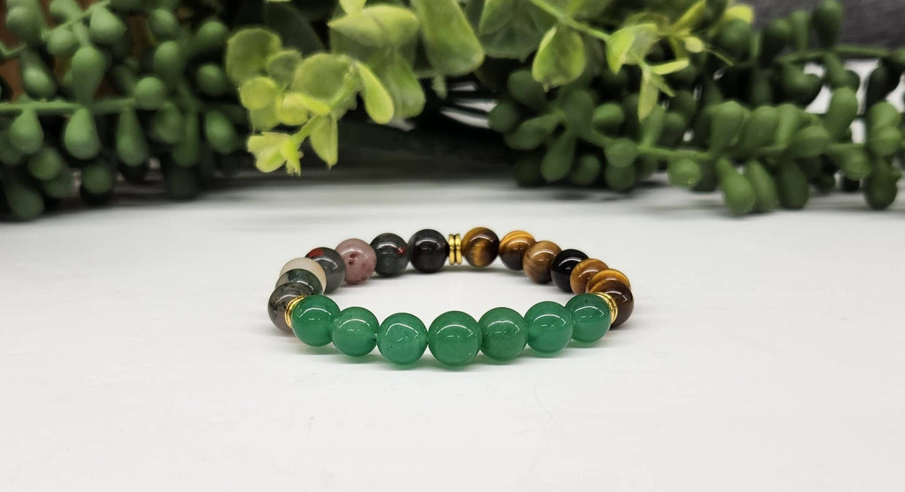 Abundance Bracelet - Green Jade, Tiger's Eye, Bloodstone 8mm Gemstone Beads #LV3998