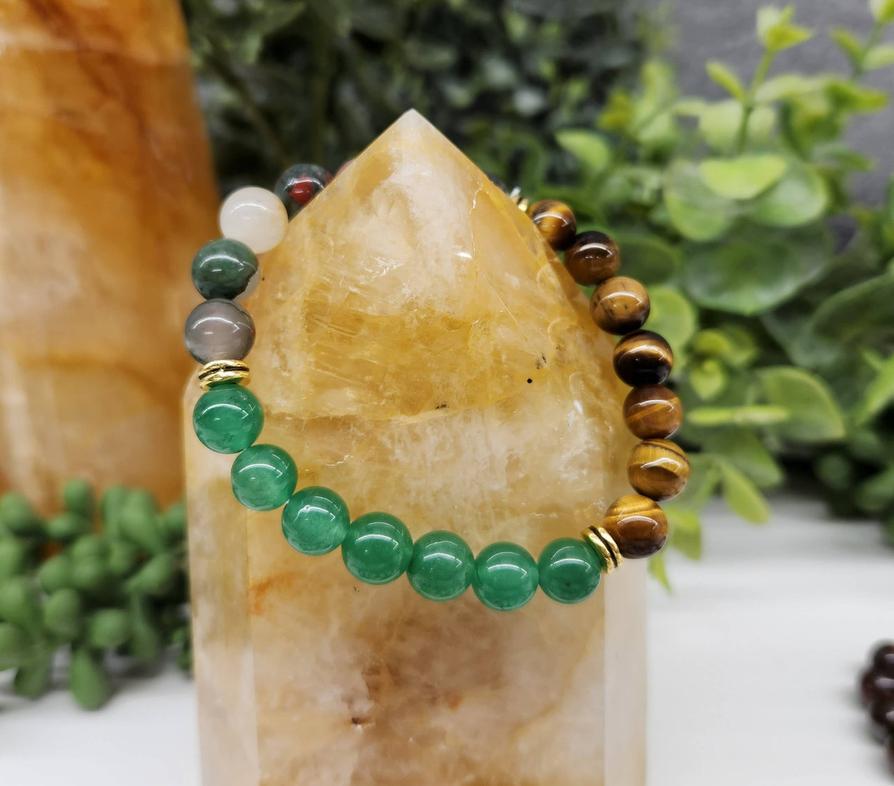 Abundance Bracelet - Green Jade, Tiger's Eye, Bloodstone 8mm Gemstone Beads #LV3998