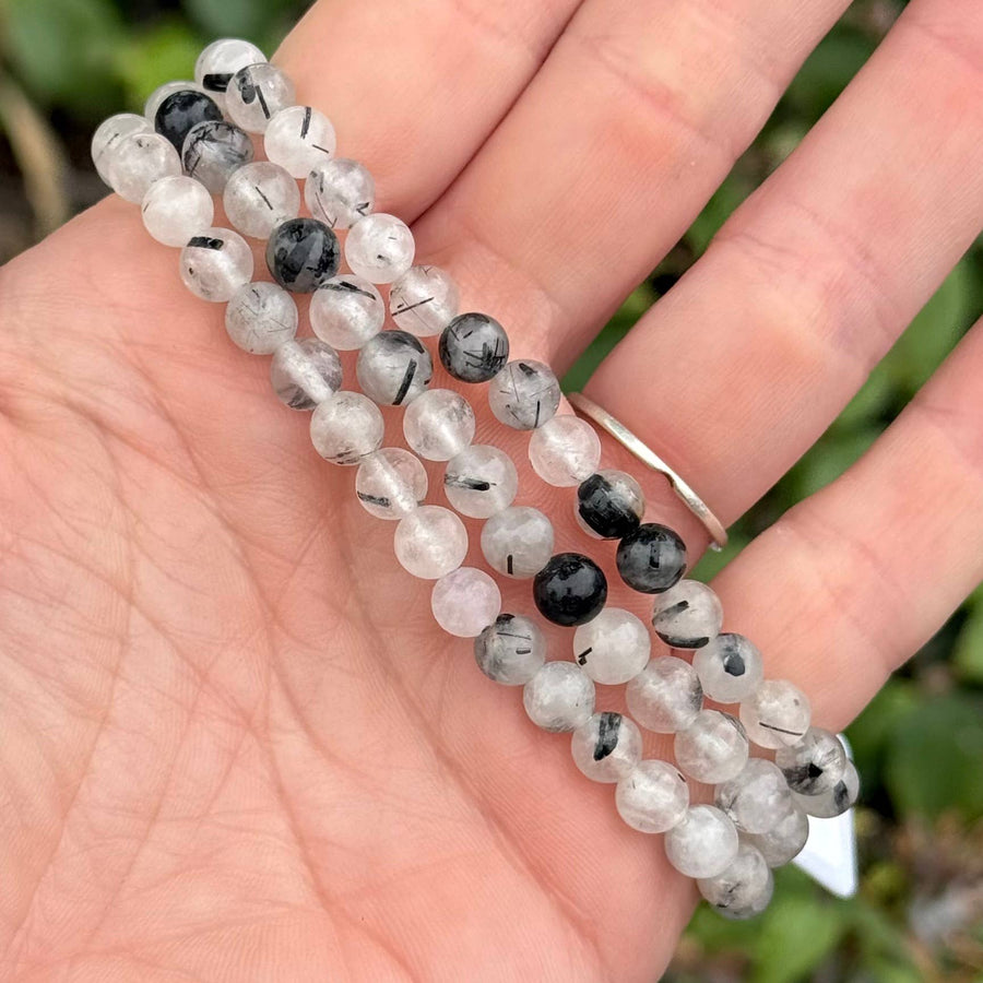 Black Tourmaline in Quartz Bracelet 7" 6mm #BC1272