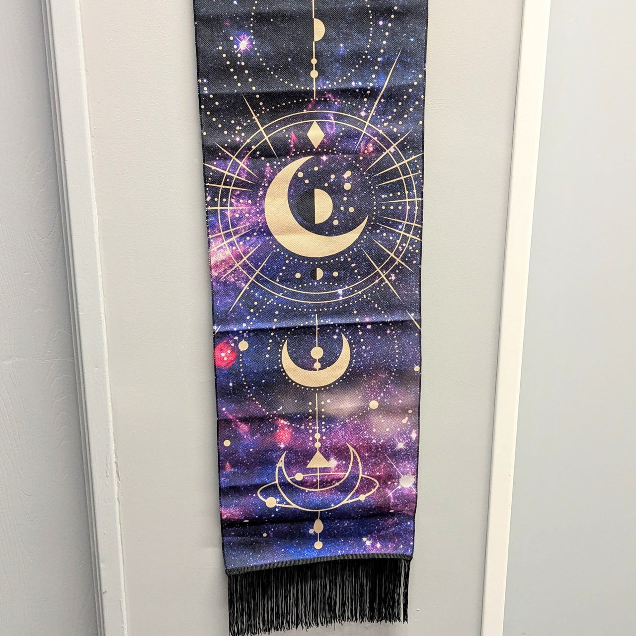 Cosmic Fabric Scroll 18 tapestry with galaxy, moons, stars, black tassels