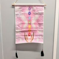 Pink Fabric Scroll 18 Tapestry with Butterfly Chakra Design and Black Tassels