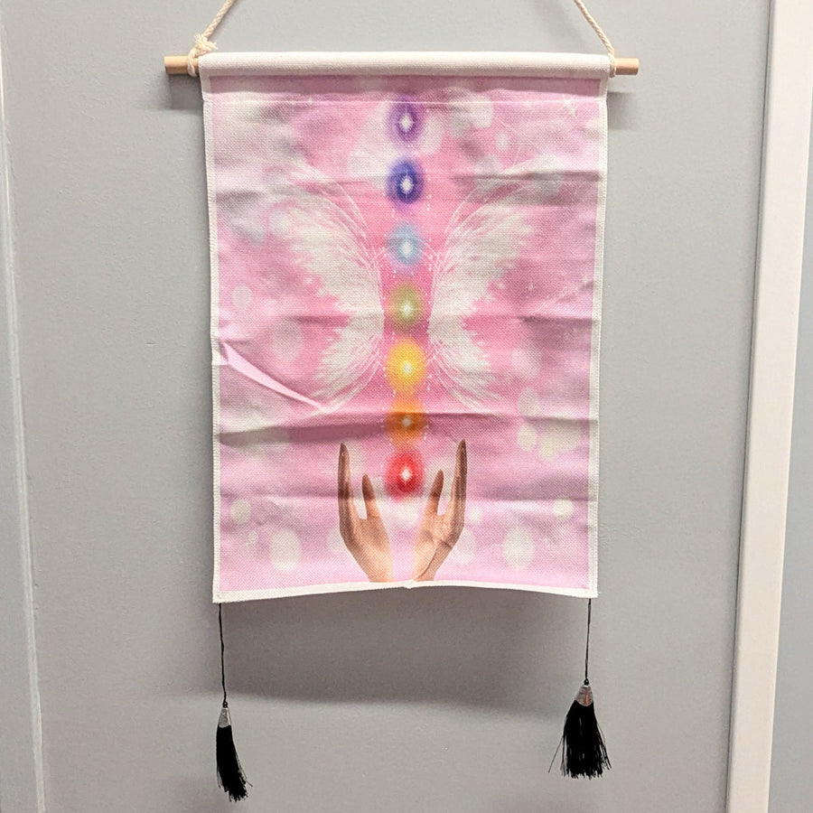 Pink Fabric Scroll 18 Tapestry with Butterfly Chakra Design and Black Tassels