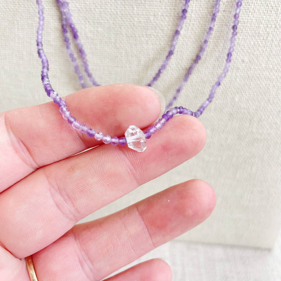 Faceted Amethyst and Herkimer Diamond 2mm 16’’ Beaded Necklace #LV9399