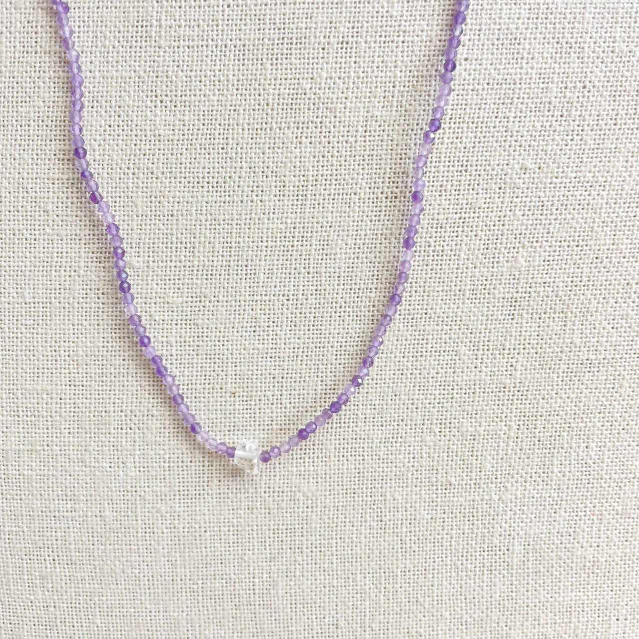 Faceted Amethyst and Herkimer Diamond 2mm 16’’ Beaded Necklace #LV9399