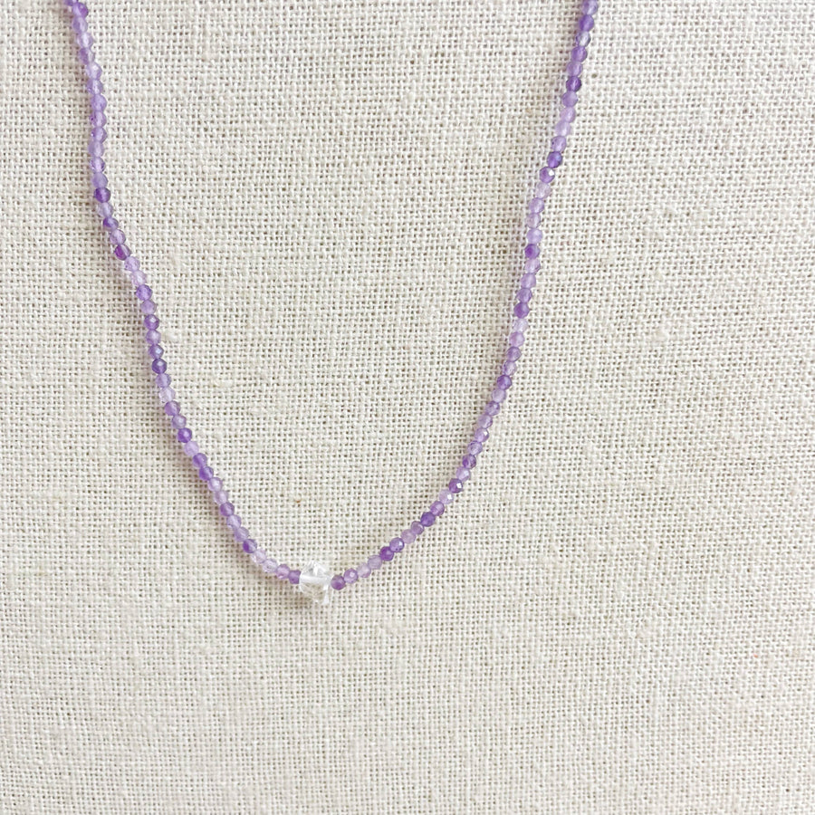 Faceted Amethyst and Herkimer Diamond 2mm 16’’ Beaded Necklace #LV9399