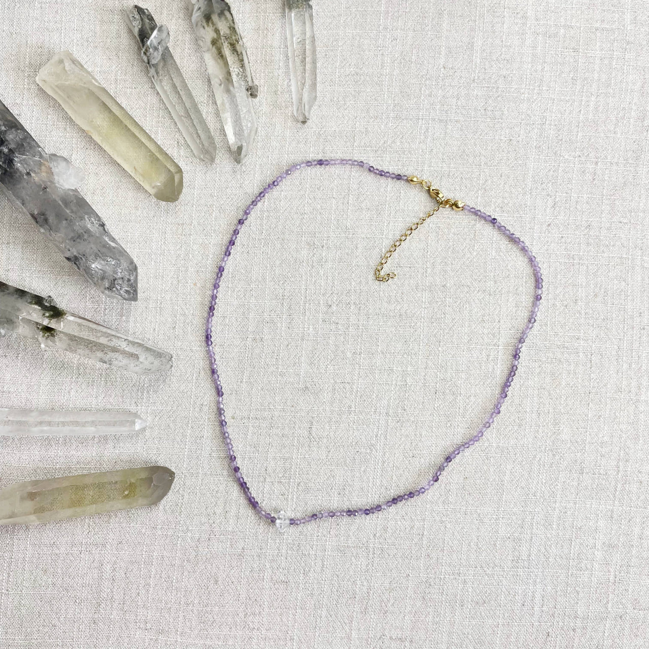 Faceted Amethyst and Herkimer Diamond Lavender Beaded Necklace