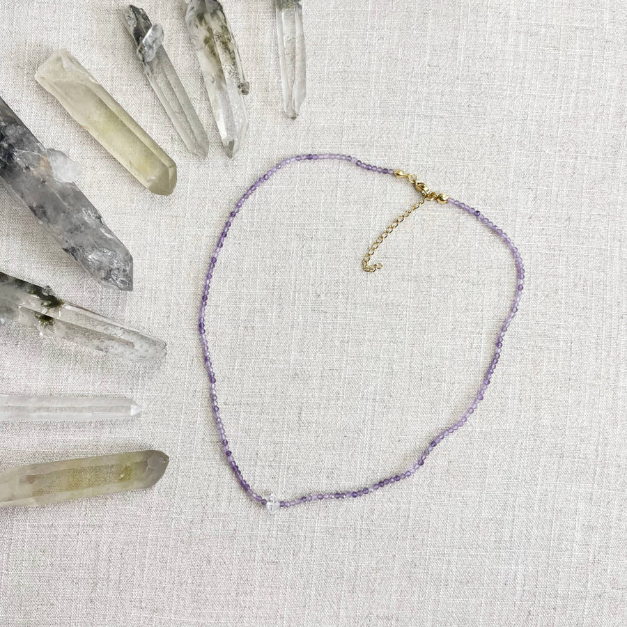 Faceted Amethyst and Herkimer Diamond Lavender Beaded Necklace