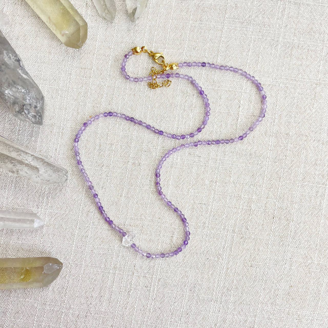 Faceted Amethyst and Herkimer Diamond 2mm 16’’ Beaded Necklace #LV9399