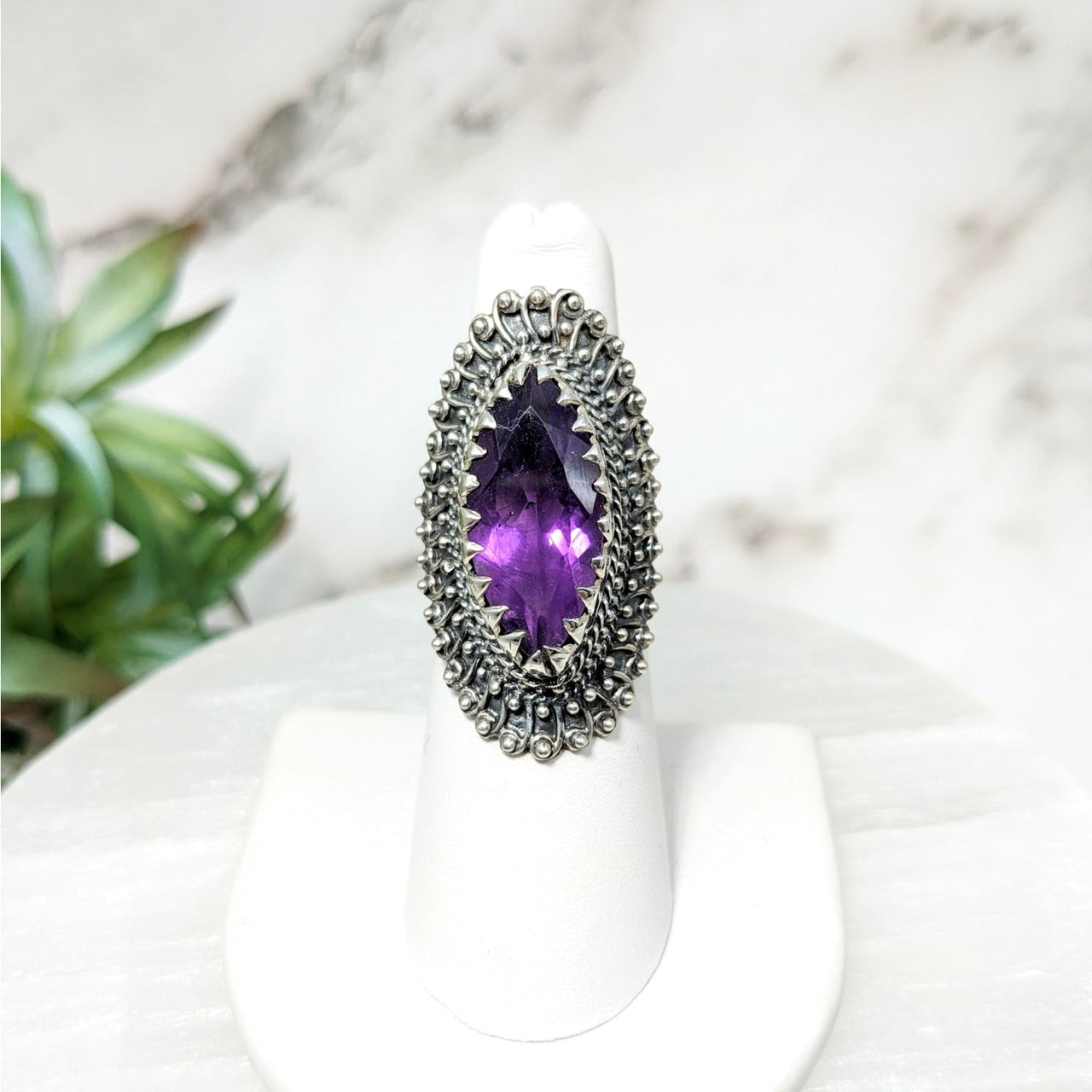 Faceted Amethyst Sz. 6 Tribal Ring #LV4457 with purple stone and intricate silver wirework