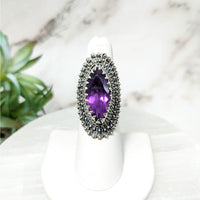 Thumbnail for Faceted Amethyst Sz. 6 Tribal Ring #LV4457 with purple stone and intricate silver wirework