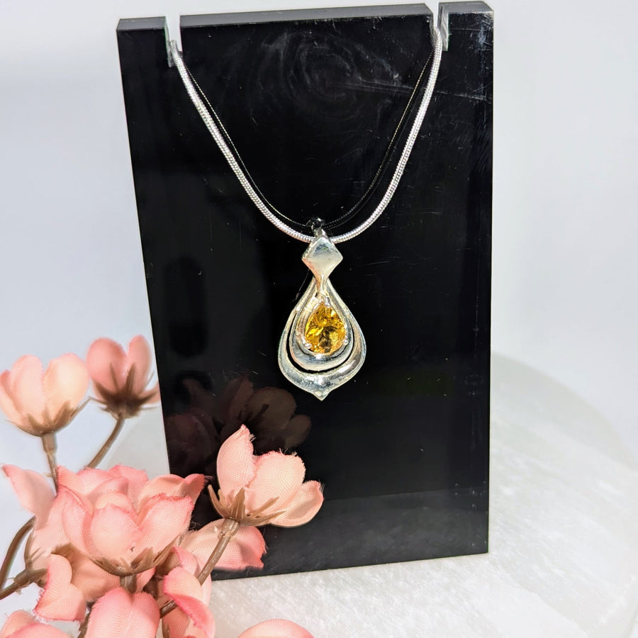 Elegant silver teardrop pendant with faceted citrine gemstone #BC0172