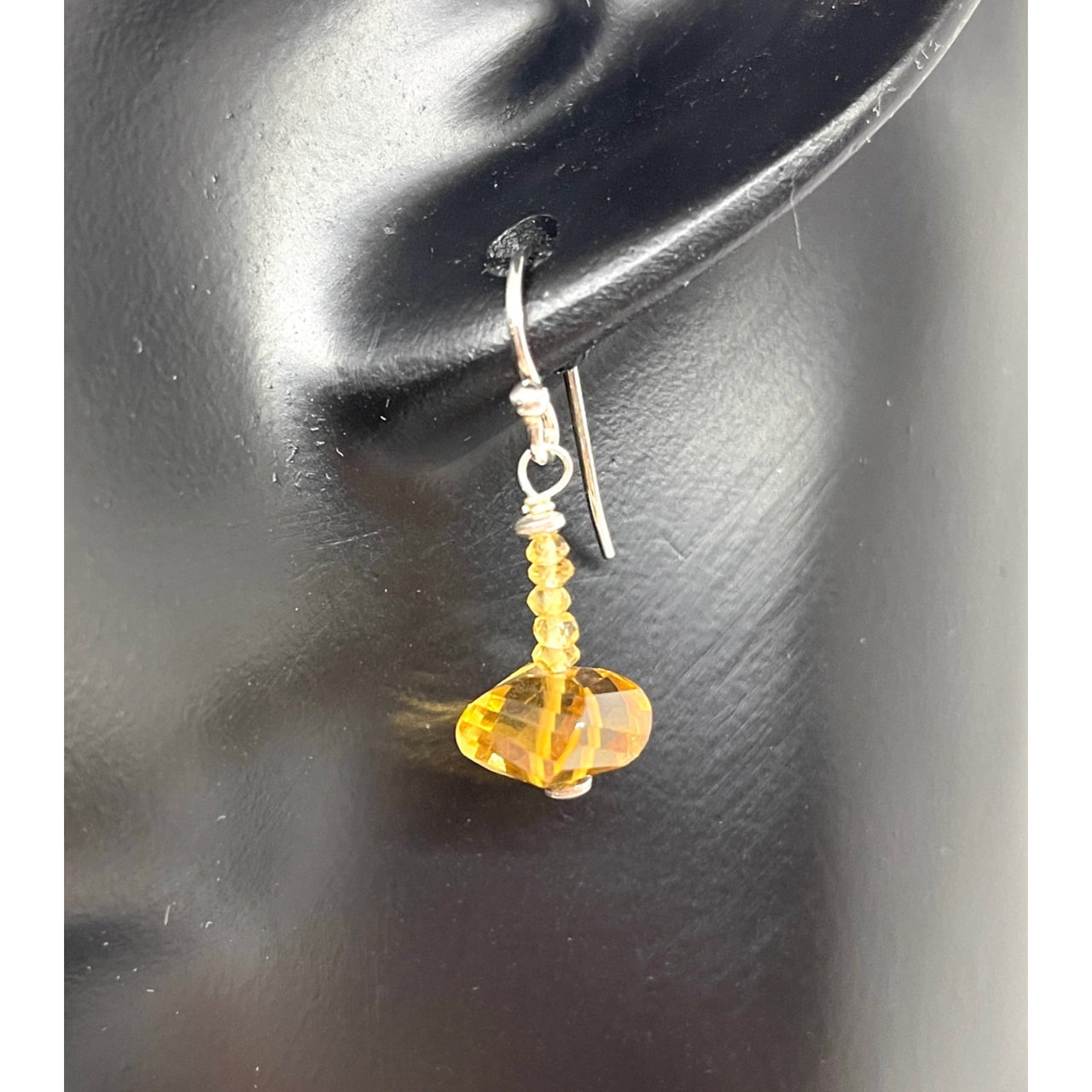 Faceted Citrine Dangle Earrings #J554 featuring a yellow glass bead on a silver earring