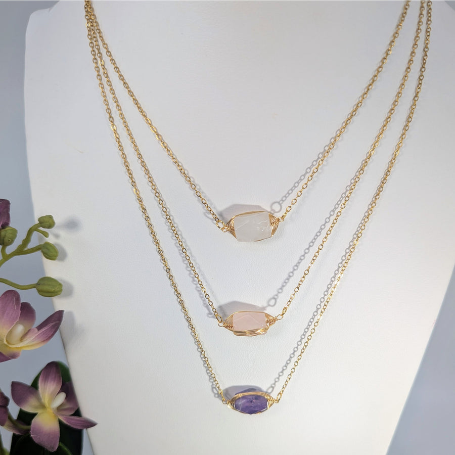 Three-layered gold necklaces with gemstone pendants on Faceted Mini Bead 19 Inch Gemstone Necklace #LV8585