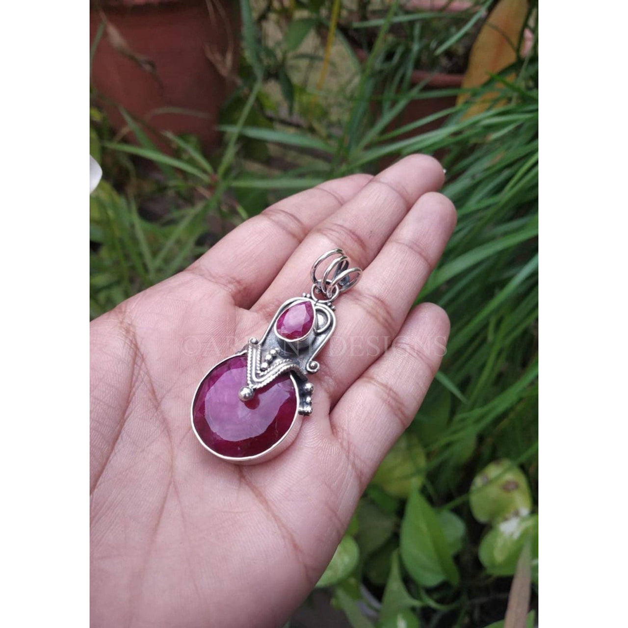 Faceted Ruby Double Stone Tribal Pendant Sterling Silver