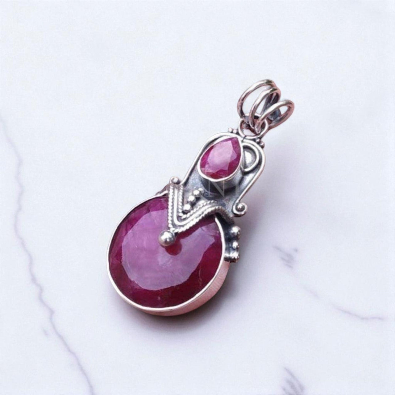 Faceted Ruby Double Stone Tribal Pendant Sterling Silver