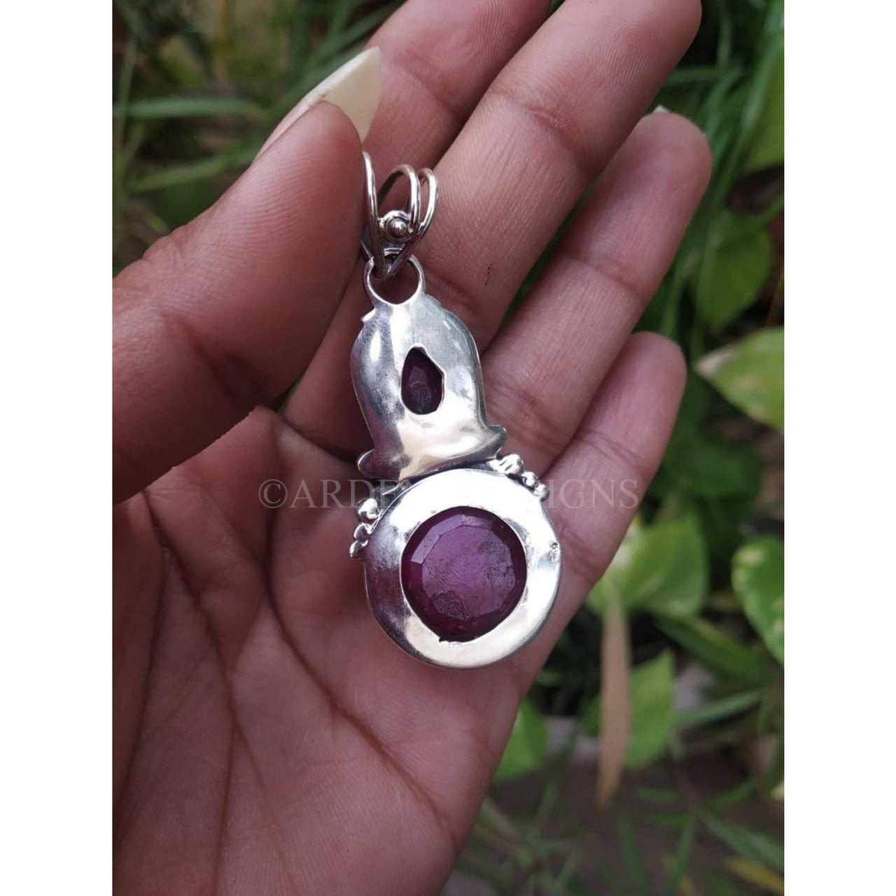 Faceted Ruby Double Stone Tribal Pendant Sterling Silver