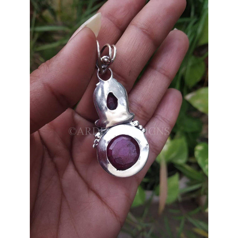 Faceted Ruby Double Stone Tribal Pendant Sterling Silver