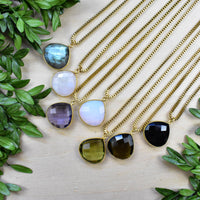 Faceted teardrop gemstone gold necklace LV9394 in blue, white, purple, green, black