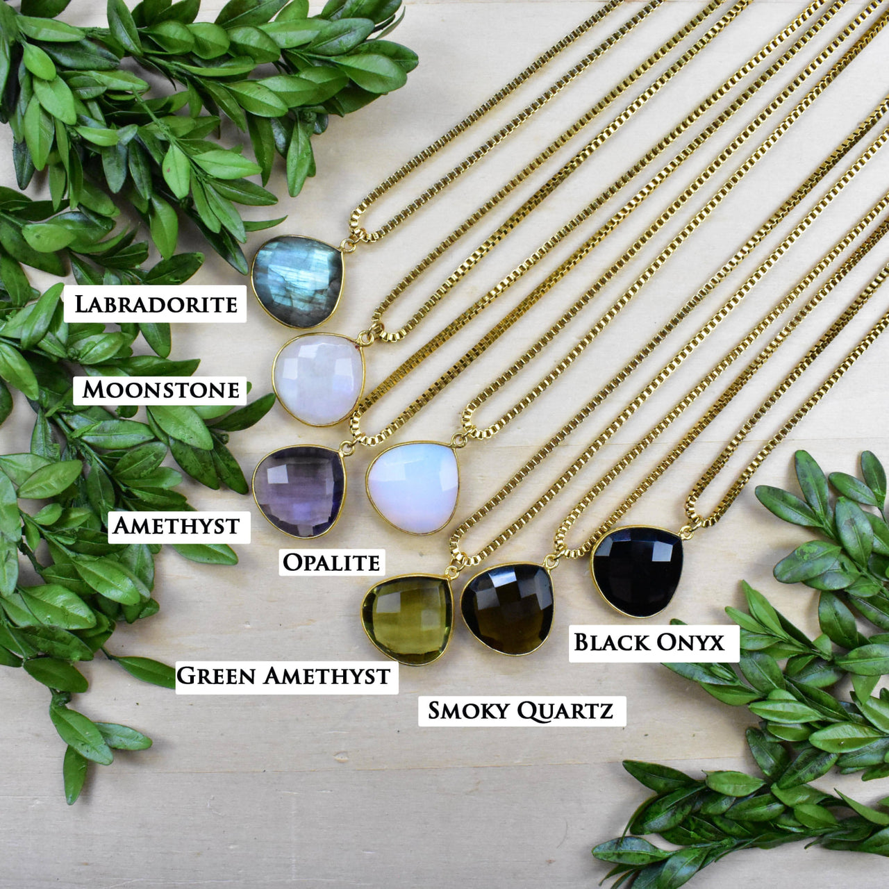 Faceted Teardrop Gemstone Gold Necklace #LV9394 with multicolored pendants