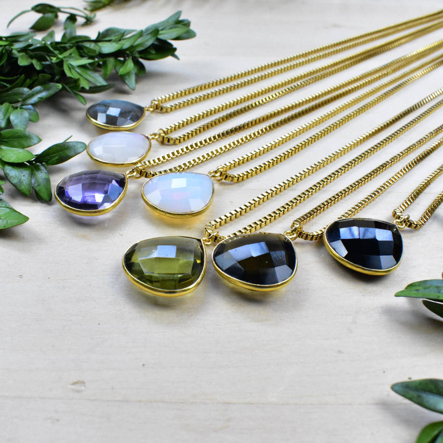 Elegant gold faceted teardrop gemstone necklaces in blue, white, purple, green, black #LV9394