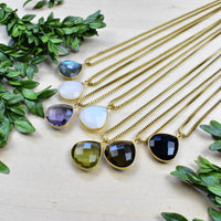 Faceted teardrop gemstone 18’’ gold necklace collection in blue, white, purple, green, black #LV9394