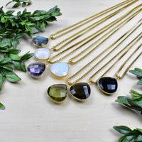Faceted teardrop gemstone gold necklace pendants in blue, white, purple, green, black #LV9394