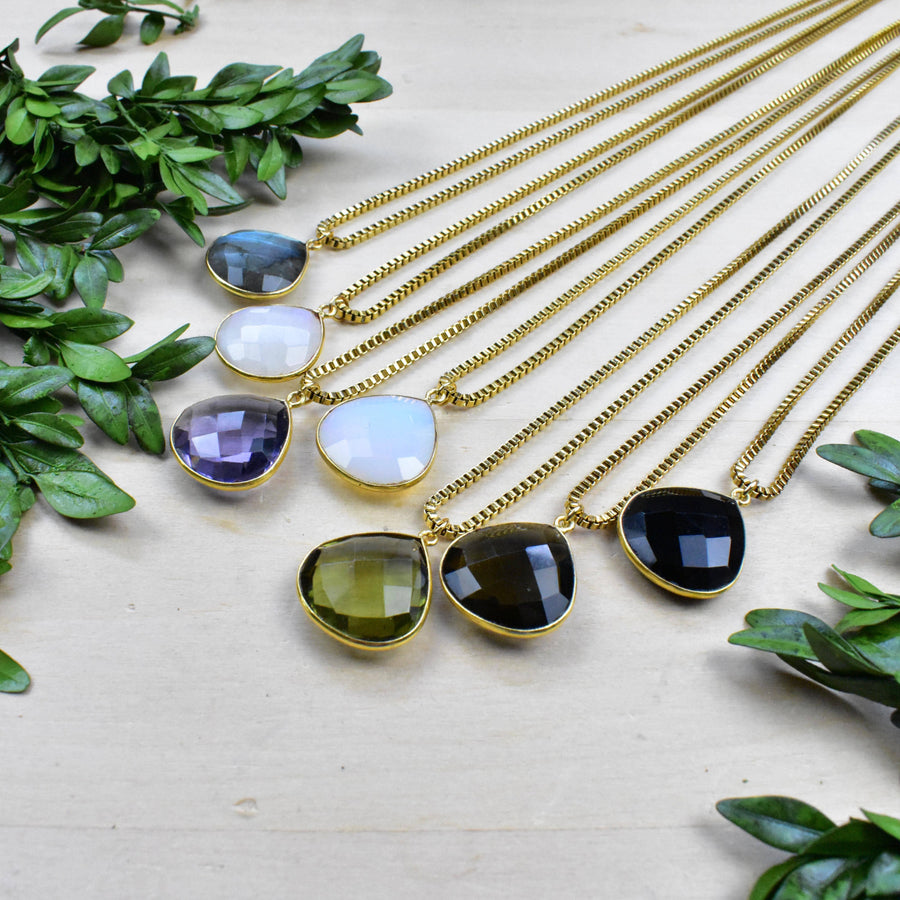 Faceted teardrop gemstone gold necklace pendants in blue, white, purple, green, black #LV9394