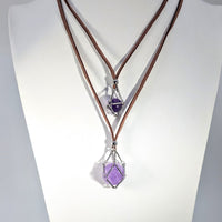 Double-layered brown leather cord necklace with silver geometric cage amethyst pendants, Faux Suede Necklace 32’’ adj #BC1069