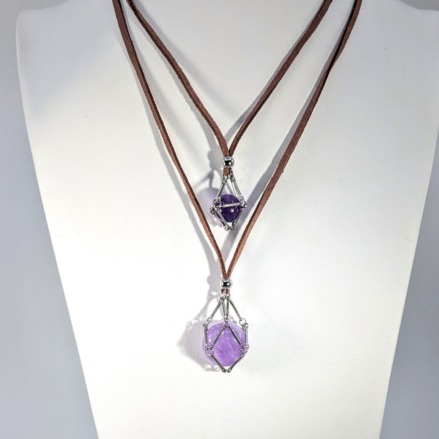 Double-layered brown leather cord necklace with silver geometric cage amethyst pendants, Faux Suede Necklace 32’’ adj #BC1069