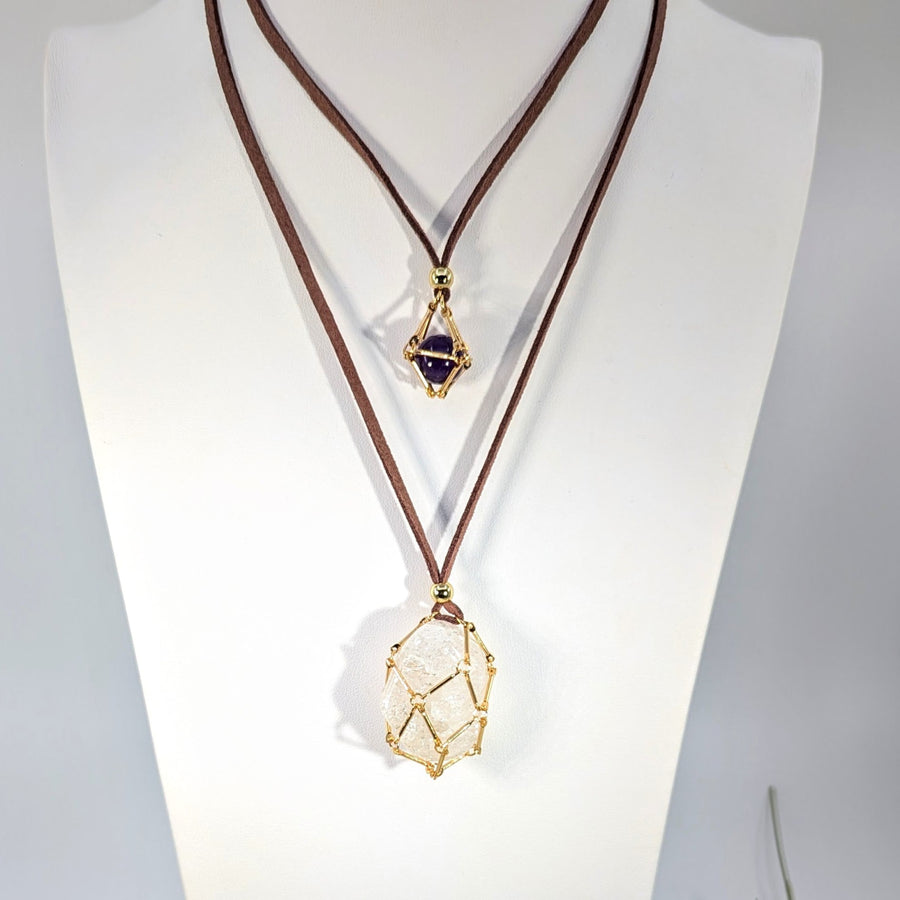 Faux suede 32’’ adjustable necklace with gold geometric cage holding quartz & amethyst #BC1069