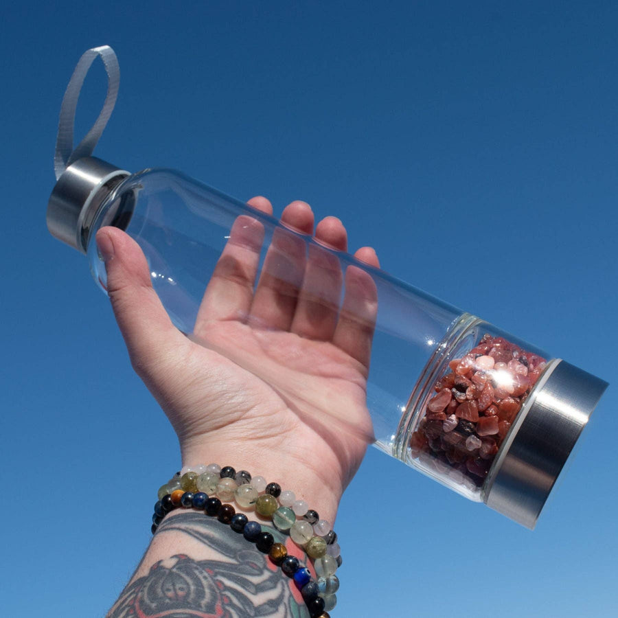 Glass Water Bottle with Crystal Compartment and Sleeve - includes mini crystals #BC0557