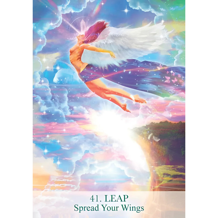 Winged female figure leaping into the sky from Female Archangels Oracle Deck by Calista