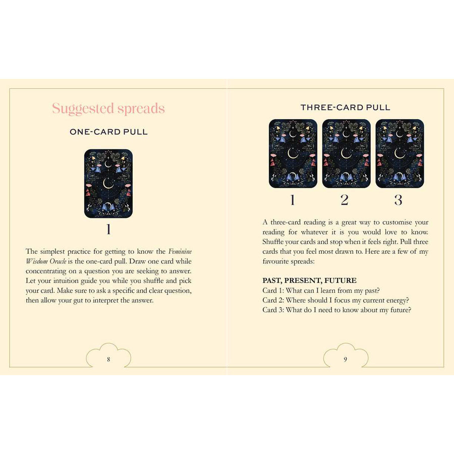 Tarot card spread guide display for Feminine Wisdom Oracle by Lea Androic LV7321