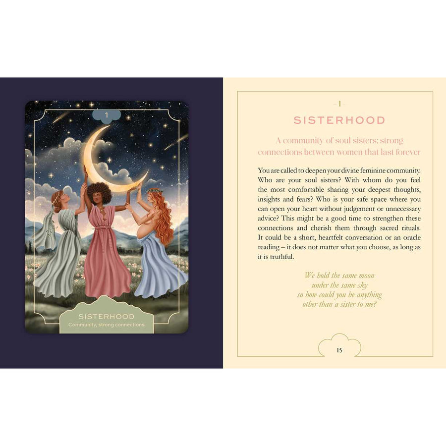 Tarot card featuring three women holding a crescent moon from Feminine Wisdom Oracle by Lea Androic