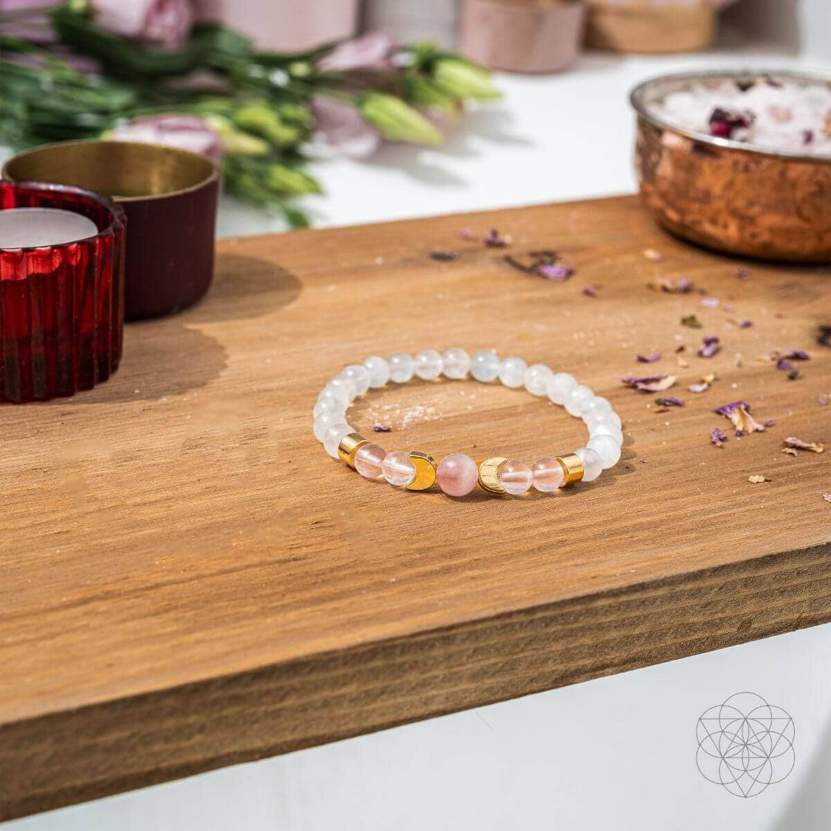 White Fertility Bracelet with Rose Quartz, Moonstone, Pink and Gold Beads