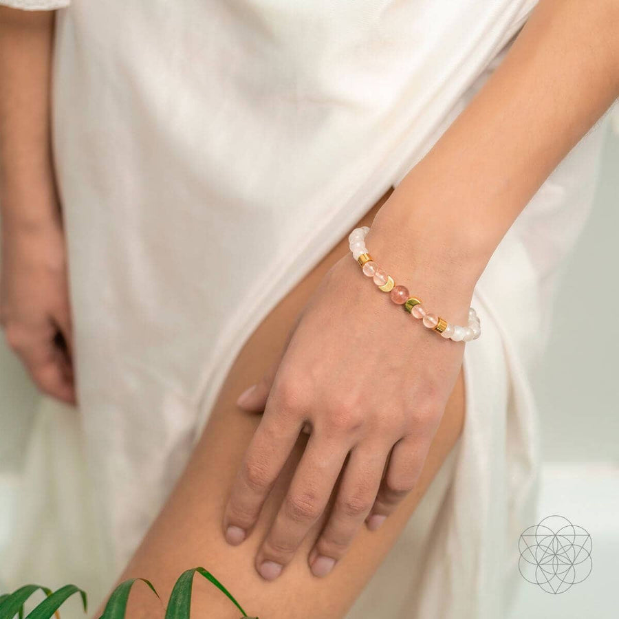 Gold and white beaded fertility bracelet with rose quartz, moonstone floral design #LV9545