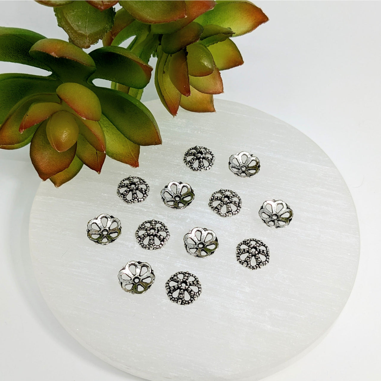 Ornate silver-toned filigree bead caps 12mm large pewter with floral designs