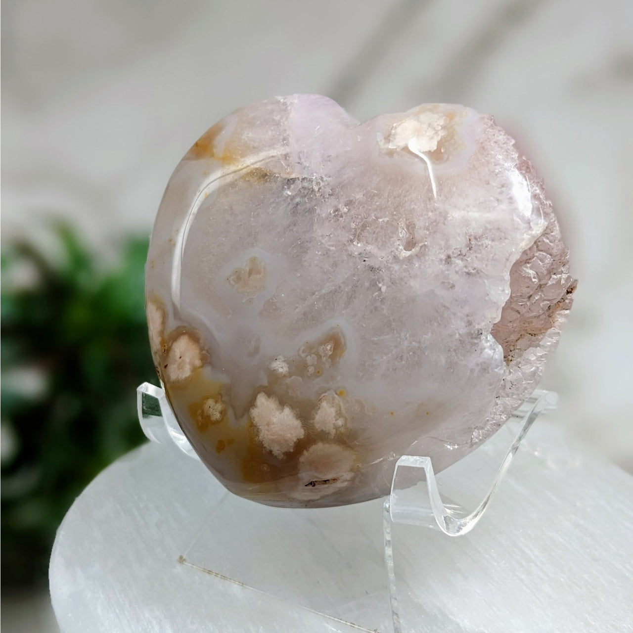 Flower Agate 2.6’ pink quartz heart specimen on white marble - LV4050