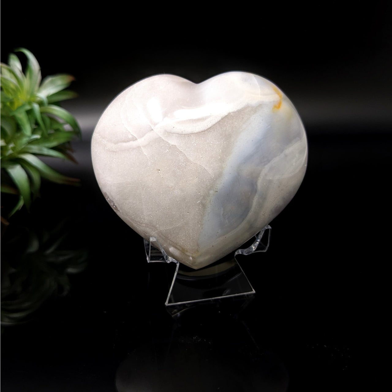 Flower Agate 3’ Heart #LV4733 - Heart Shaped Rock on Black Surface