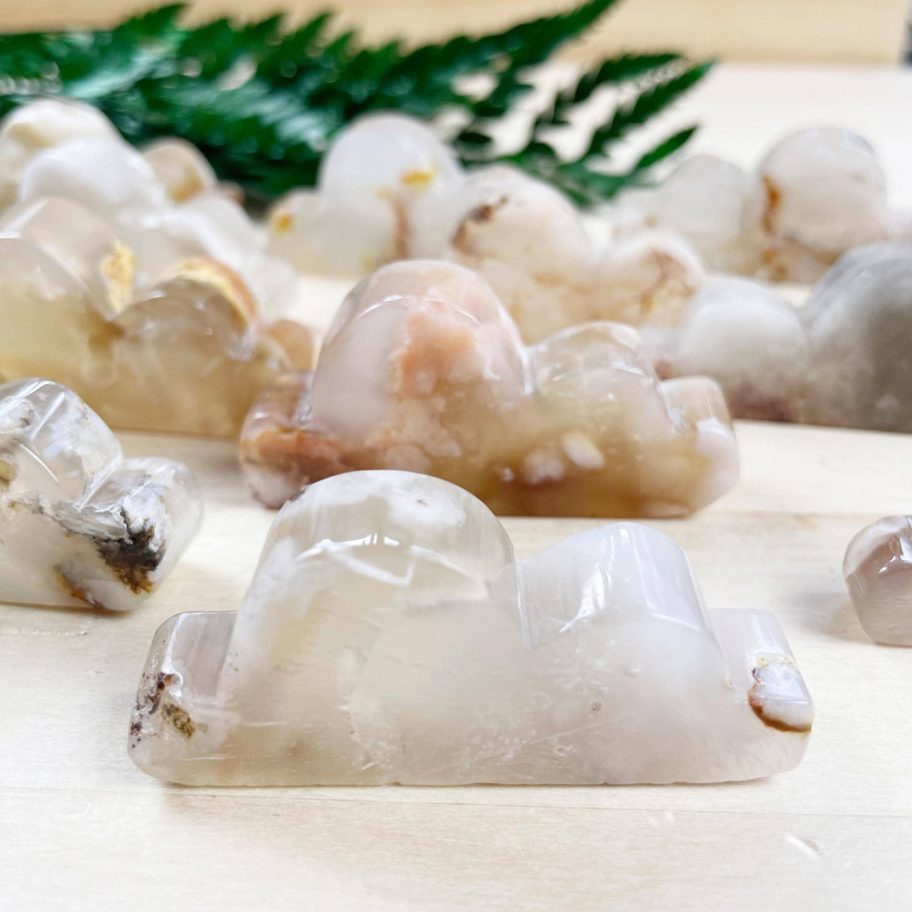 Translucent white peach flower agate cloud carving LV9390