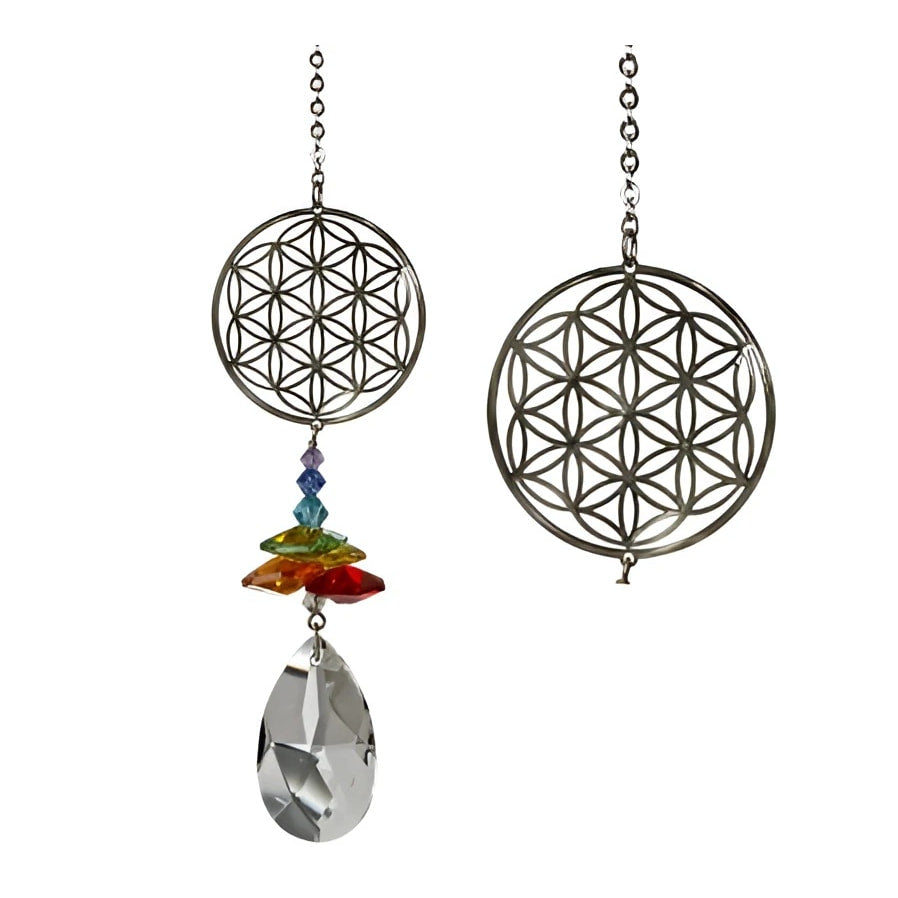 Silver Flower of Life suncatcher with colorful beads and crystal drop