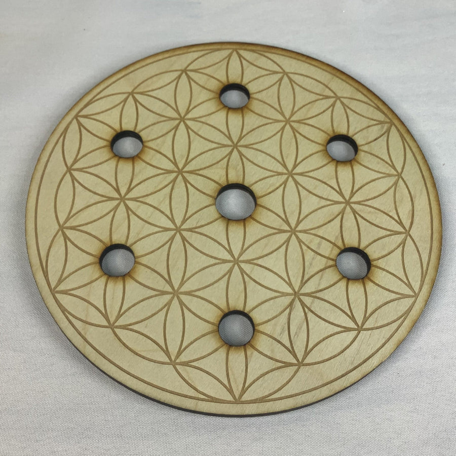 Wooden button with flower design on Flower of Life Crystal Grid with 7 holes #K0497