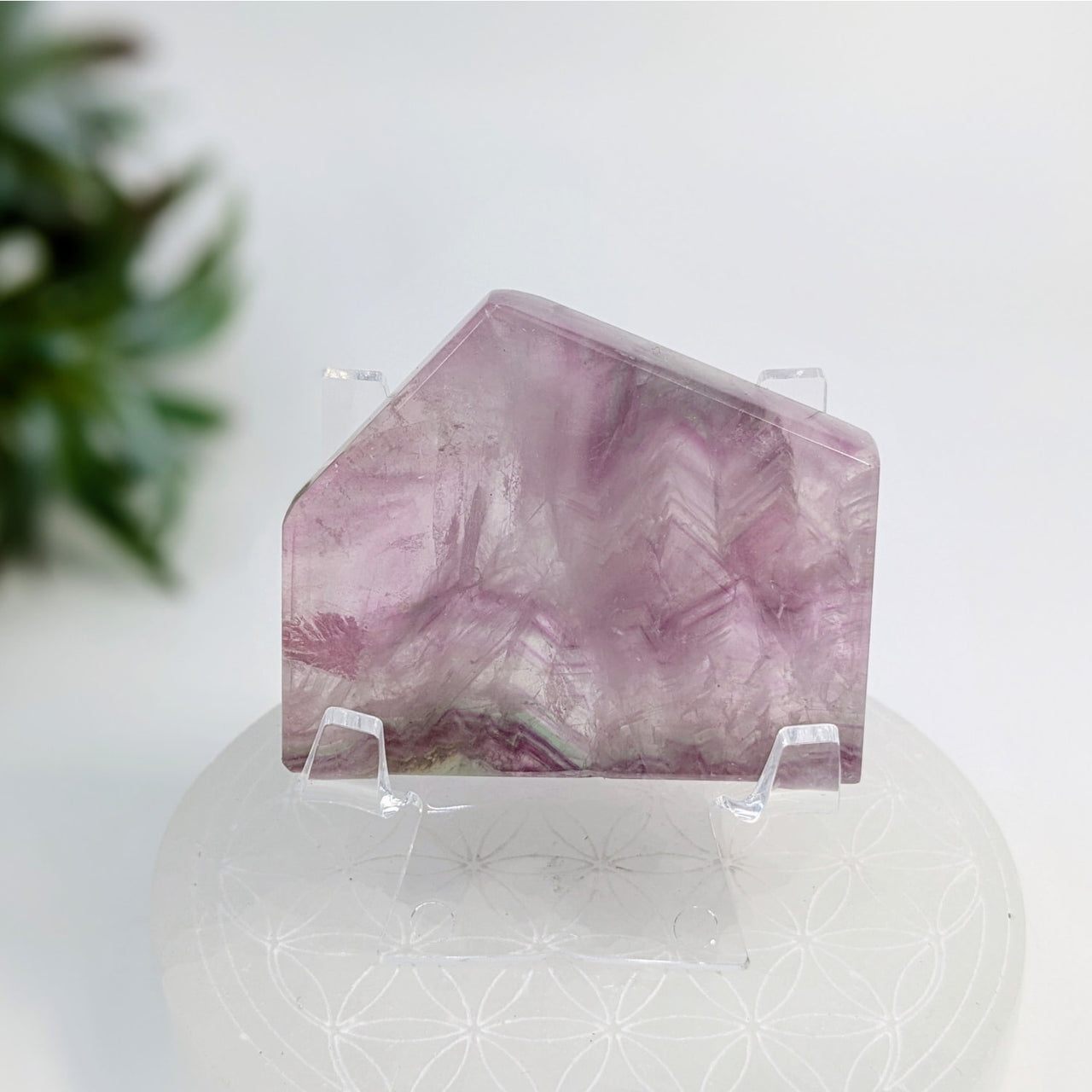 Pink Rose Quartz crystal slab on acrylic stand for Fluorite 2.3’’ Geo Slice #LV6923