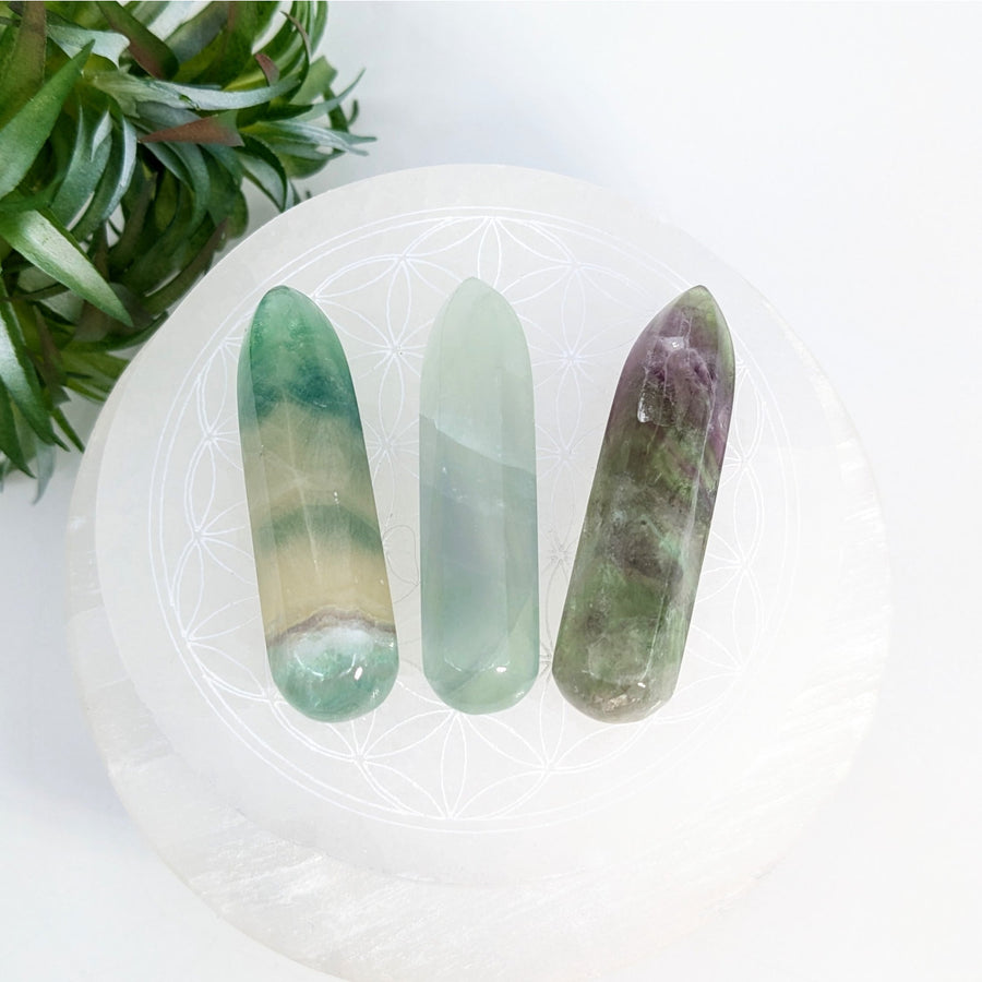 Polished fluorite wands displayed for the Fluorite 2.3 inch Wand LV7230 product